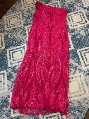 New Hot Pink Sequin One Shoulder Formal Dress